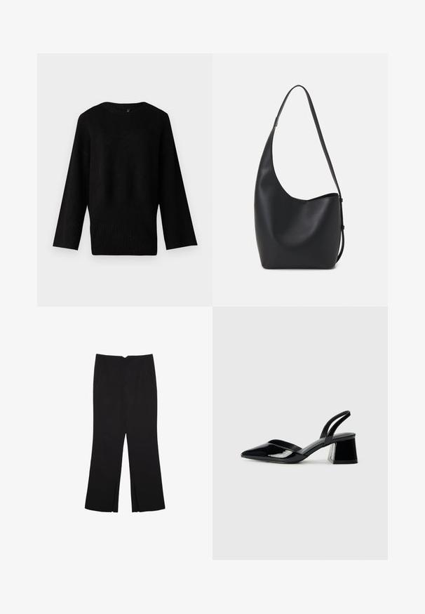 Maglione nero in maglia con un ampio scollo rotondo, maniche lunghe e orlo a costine. La texture appare morbida e leggermente elastica.; Pantaloni neri a gamba dritta, con tasche frontali e spacchi laterali all'orlo. Realizzati in tessuto morbido e liscio. Adatti a diverse occasioni.; Décolleté in vernice nera con punta affusolata e tacco in geometria cubica. Presentano un design elegante e minimalista, con una texture liscia.; Borsa hobo nera in pelle con una superficie liscia, forma curvata e una singola tracolla regolabile; presenta un'ampia apertura nella parte superiore.