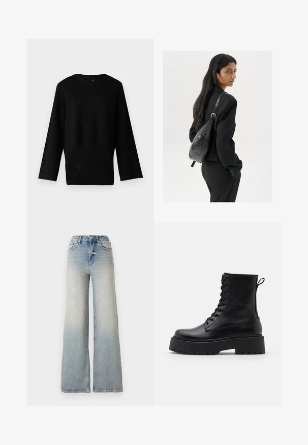 Zwarte gebreide trui met een brede, ronde halslijn, lange mouwen en ribgebreide zoom. De textuur lijkt zacht en iets rekbaar.; Lichtblauwe wijdlopende spijkerbroek van denim, met een hoge taille, vijf zakken en zichtbare stiksels langs de naden.; Zwarte leren enkelboots met een ronde neus, vetersluiting aan de voorkant en een dikke rubberen zool met een gestructureerd profiel. Trekbandje aan de achterkant.; Vrouw met lang donker haar in een zwart pak, met een zwart leren schoudertas, die over haar schouder kijkt tegen een witte achtergrond.; Gouden oorringen, dun en rond van vorm, met een gladde metallic afwerking en zonder versieringen of patronen.
