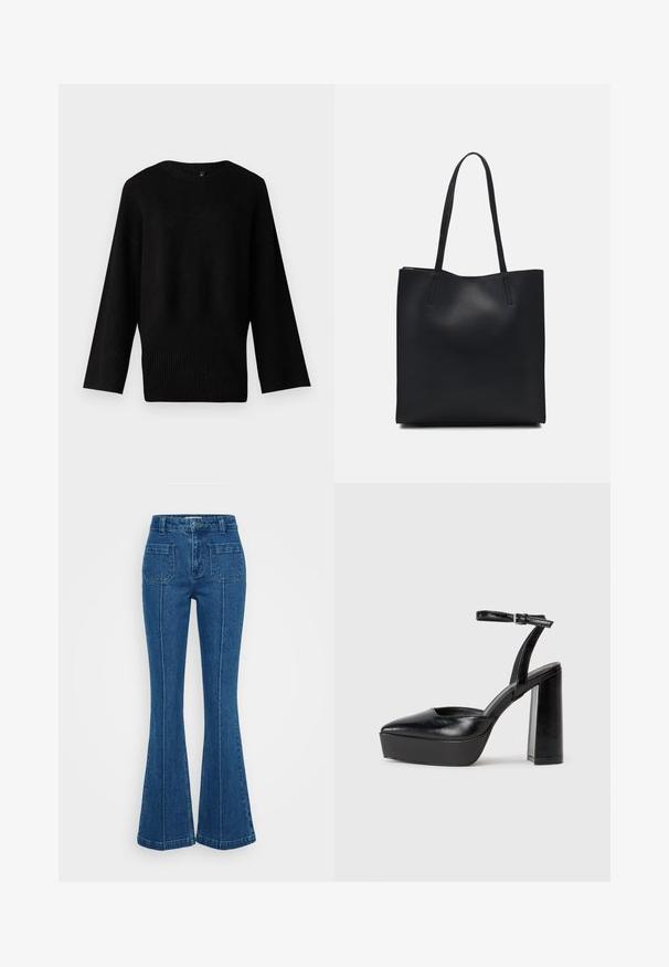 Schwarzer gestrickter Pullover mit weitem, rundem Ausschnitt, langen Ärmeln und geripptem Saum. Die Textur wirkt weich und leicht dehnbar.; Blaue Schlagjeans aus Denim, mit hoher Taille, zwei Gesäßtaschen und ausgeprägten Nähten an den Seiten.; Schwarze Plateau-High Heels mit spitzem Zeh und verstellbarem Knöchelriemen. Gefertigt aus glattem Leder und mit einem klobigen Blockabsatz.; Schwarze Laptoptasche aus Leder mit glatter Textur, rechteckiger Form und zwei langen Griffen. Keine sichtbaren Beschläge oder Verzierungen.