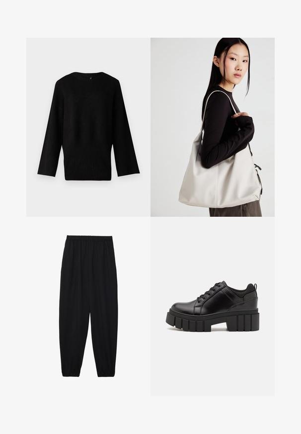 Schwarzer gestrickter Pullover mit weitem, rundem Ausschnitt, langen Ärmeln und geripptem Saum. Die Textur wirkt weich und leicht dehnbar.; Schwarze, leichte Hosen mit einem elastischen Bund und gerafften Knöcheln. Der Stoff ist glatt und hat ein entspanntes, schmal zulaufendes Design.; Schwarze Lederplateauschuhe mit klobigem Blockabsatz, runder Zehenpartie und traditionellem Schnürdesign. Verfügt über eine glatte Textur und minimale Details.; Beige Handtasche aus weichem Material, mit einem lässigen Design, gesteppten Details und zwei Schulterriemen. Geeignet für den täglichen Gebrauch.