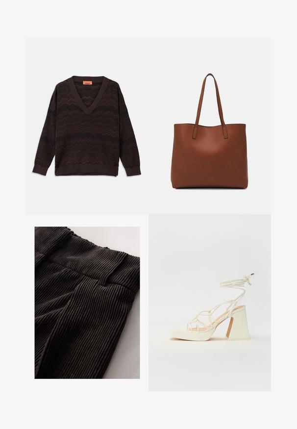 Sötétbarna V-kivágású pulóver fekete zig-zag kötött mintával és bordázott mandzsettákkal és aljjal, fehér háttéren lefektetve.; Fekete bordázott szövet vastag, rugalmas derékszalaggal. A textúra függőleges barázdákat tartalmaz, amelyek mélységet adnak az anyagnak.; Fehér, magassarkú szandál vastag sarokkal, pántos dizájnnal és bokapánttal. Sima textúra, elülső platformmal a megnövelt magasság érdekében.; Barna bőr vászontáska sima textúrával, nyitott tetejű dizájnnal és két vállpánttal. Minimális varrással és látható hardver nélkül készült.