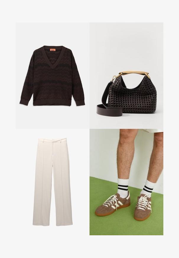 Temno rjav pulover z V-izrezom in črnim cik-cak pletenim vzorcem ter rebrastimi manšetami in robom, položen na belem ozadju.; Široke hlače iz svetle bež tkanine z gladko teksturo. Imajo prilegajoč pas, sprednje vole in brez vidnih žepov.; Rjavi semiš športni čevlji z belimi detajli in vezalkami. Gumijast podplat. Nošeni z belimi nogavicami z črnimi črtami. Zelena teksturirana talna obloga.; Elleme BOOMERANG WOVEN - Torbica - brown