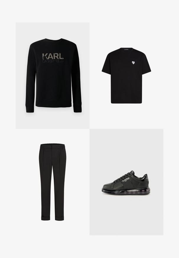 Felpa nera a maniche lunghe con logo "KARL LAGERFELD" testurizzato ricamato sul petto, caratterizzata da un semplice collo rotondo.; T-shirt di cotone nero con maniche corte, scollatura rotonda e una piccola grafica a forma di cuore bianco sulla parte sinistra del petto.; Pantaloni neri con una vita elastica, caratterizzati da un design a gamba dritta e orli arrotolati. Realizzati in tessuto liscio e tessuto senza motivi.; Sneaker nera con tomaia in pelle liscia, punta rotonda e design con lacci. Presenta una suola trasparente e ammortizzata con un gradiente scuro.