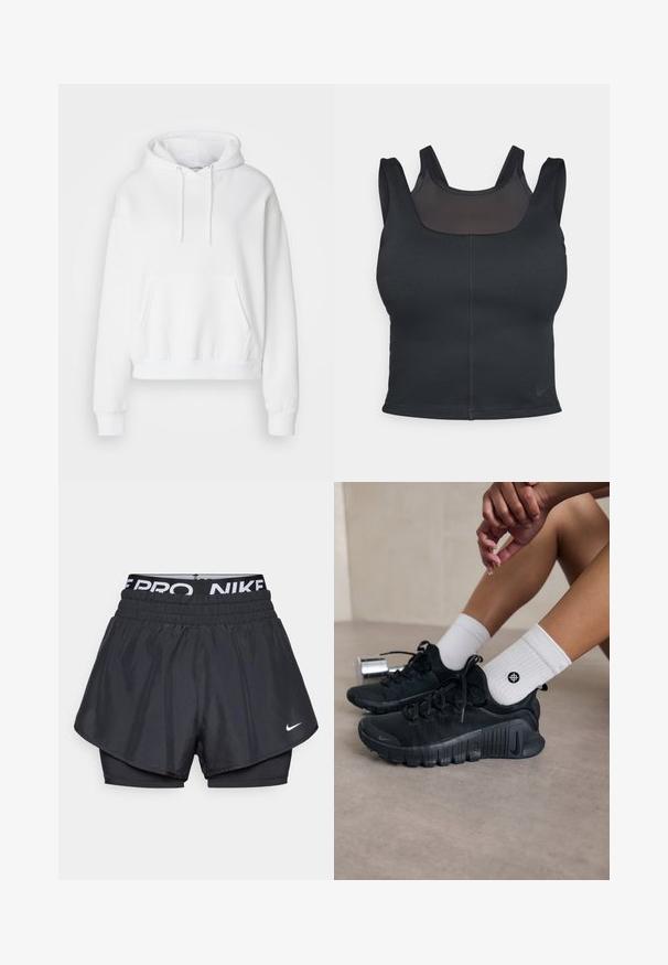 Balta, su kapišonu ir priekinėmis kišenėmis, puloveris su guminėmis rankogaliais ir apykakle. Minkšta medžiaga ir laisvas siluetas, su raišteliais ant kapišono.; Juodas sportinis liemenukas su prigludusia forma, plačiomis petnešomis ir tinklo apdaila priekyje. Lygus paviršius ir minimalūs siūlai. Nike logotipas apačioje.; Juodos sportinės šortai su sluoksniuota struktūra, turintys kvėpuojantį išorinį sluoksnį, elastingą juosmenį su ženklinimu ir mažą logotipą priekyje.; Juodi sportiniai bateliai su tekstūruota medžiaga, raištelių dizainu ir ryškiu padu, derinami su baltais raukšlėtais kojiniais, turinčiais mažą logotipą.
