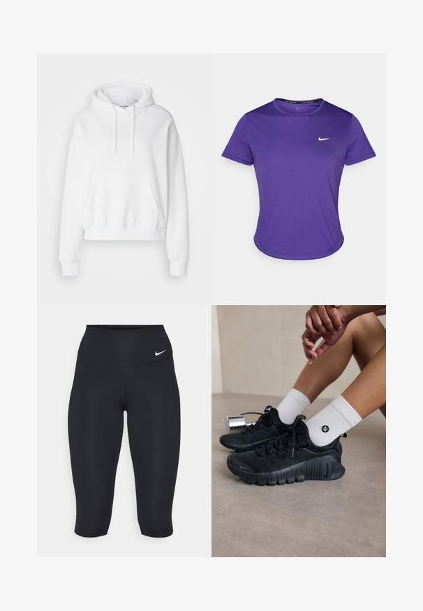 Witte hoodie met een voorzak, ribgebreide boorden en zoom. Zacht materiaal en een ontspannen pasvorm, met trekkoorden aan de capuchon.; Paarse sportieve t-shirt gemaakt van vochtafvoerende stof, met korte mouwen en een ronde hals. Klein wit logo op de borst.; Nike zwarte capri legging heeft een hoge tailleband, gladde stretchstof en een subtiele logo-detail aan de voorkant.; Zwarte sport schoenen van een gestructureerde stof, met vetersluiting en een opvallende zool, gecombineerd met witte geribbelde sokken met een klein logo.