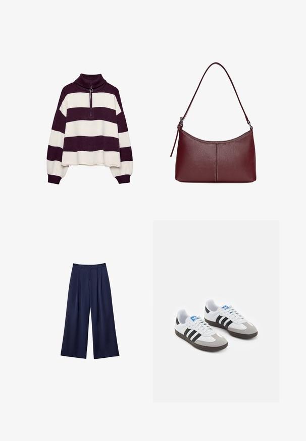 Pullover in misto lana con collo alto, presenta righe orizzontali bianche e viola scuro, e un dettaglio con zip argentata al collo.; Pantaloni a gamba larga blu navy con pieghe, vita con bottoni e passanti per cintura, mostrati distesi su uno sfondo bianco.; Scarpe sportive con tomaia in pelle bianca, punta in suede grigia e tre strisce nere. Presentano un logo blu sulla linguetta e una suola in gomma testurizzata.; Borsa a tracolla in pelle bordeaux con forma curvata, una sola tracolla e dettagli cuciti al centro. Texture liscia, hardware minimale.