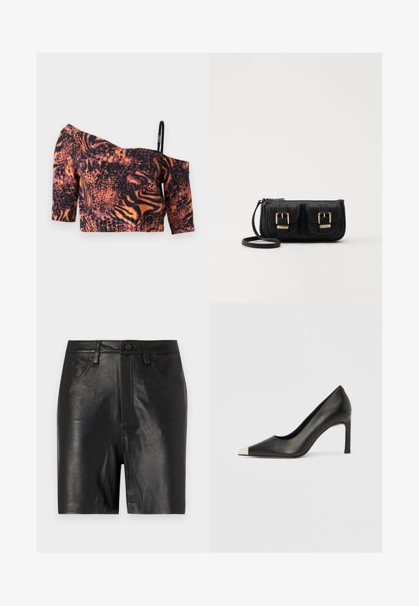 Vállnélküli crop top, élénk narancs és fekete állatmintával, rövid ujjakkal, bordázott textúrával és vékony, állítható pánttal.; Fekete bőr sort, sima textúrával, elülső cipzárral, gombos záródással és klasszikus öt zsebes kialakítással.; Fekete bőr magas sarkú cipő hegyes orral és fém ezüst orrtippel. Simább kivitelű, karcsú, 10 cm-es sarokkal.; Fekete bőr keresztbody táska két elülső zsebbel, arany csattokkal, cipzáras záródással és vékony pánttal. Textúrált felület és kompakt téglalap alak.