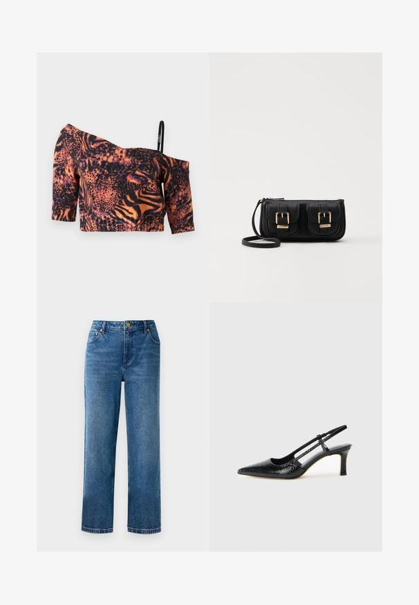 Crop top med avtagbare stropper i en livlig oransje og svart dyreprint, korte ermer, ribbestrikket tekstur, og en tynn justerbar stropp.; Blå høyderte bukser med rett benkutt, laget av denim, med fem lommer og detaljer i gullfarget metall.; Sorte patent slingback hæl med spids tå, featuring tekstureret slangeskind, justerbar rem og en kort, tekstureret blokhæl.; Svart skinn crossbody veske med to frontlommer, gyldne spenner, glidelåslukking og en slank stropp. Teksturert overflate og kompakt rektangulær form.