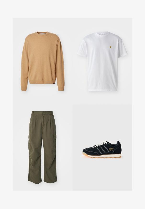 Pull en tricot beige avec un col rond, des manches longues et des poignets et un ourlet côtelés. Texture douce avec un détail d'étiquette au bas.; T-shirt en coton blanc à manches courtes, col rond, avec un petit logo doré sur la poitrine gauche. Texture douce et coupe régulière.; Pantalons cargo en vert olive, en coton, avec une coupe large, des plis et des poches latérales pour plus de praticité.; Baskets en daim noir avec des lacets blancs, trois rayures blanches sur le côté, des accents texturés et une semelle en caoutchouc légèrement teintée d'orange.