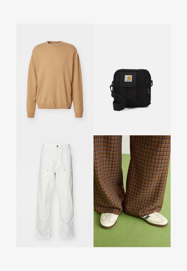 Beige gestrickter Pullover mit Rundhalsausschnitt, langen Ärmeln und gerippten Bündchen und Saum. Weiche Textur mit einem Etikett-Detail am unteren Ende.; Weiße Baumwoll-Cargohose mit lockerer Passform. Zu den Merkmalen gehören Fronttaschen, goldfarbene Hardware-Akzente und verstärkte Kniebereiche.; Braun und blaue Karohosen mit weitem Bein, kombiniert mit weißen Schuhen mit schwarzen Akzenten und strukturierten Sohlen, vor einem grünen Hintergrund.; Schwarze Umhängetasche mit einem Reißverschluss-Hauptfach, einer Fronttasche, einem verstellbaren Tragegurt und einem sichtbaren Logo-Patch auf dem Deckel.