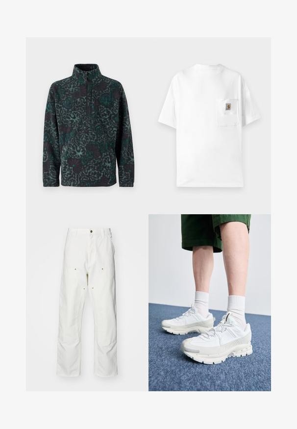 Juodos ir teal spalvos vilnos megztinis su geometriniu raštu, turintis ketvirčio užtrauktuku uždarymo apykaklę ir priekinę kišenę. Minkšta tekstūra.; Baltas medvilnės marškinėliai su apvaliu kaklu, trumpomis rankovėmis ir krūtinės kišene, kurios dizainas papuoštas logotipo pleistru. Minimalistinis dizainas ir vientisa tekstūra.; Balti medvilniniai kargo džinsai su laisvu siluetu. Ypatybės apima priekines kišenes, auksinius apdailos elementus ir sustiprintas kelio dalis.; Baltos sportinės bateliai su tekstūruotais uždengimais, masyviu padu ir pilkais akcentais. Dėvimi su baltais trumpais kojiniais ir žaliais šortais mėlyname paviršiuje.