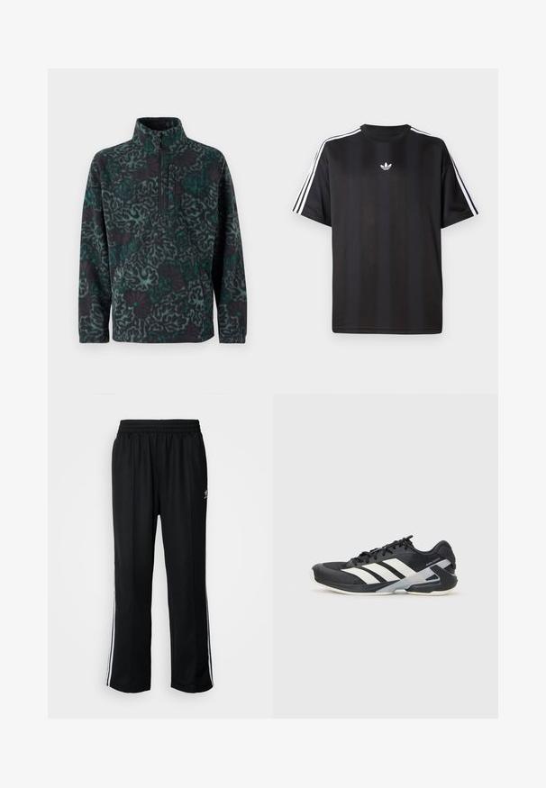 Mustla pullover mustas ja teal värviga geomeetrilise mustriga, millel on kvartiiri tõmblukuga krae ja eesmine tasku. Pehme tekstuur.; Must t-särk lühikeste varrukatega musta värviga, millel on valged kolmerealised detailid õlgadel ja väike valge logo rinnal. Sile kangas.; Mustad mustad spordipüksid elastse vöökohaga, millel on valged küljeread ja väike logo. Materjal tundub pehme ja kerge.; Mustad sportlik jalanõud mustade värvidega, valgete triipudega, võrgusilma pealmine osa, ümar varvas ja pehme tallaga. Omab tekstureeritud kontsa ja kindlat paeltesüsteemi.