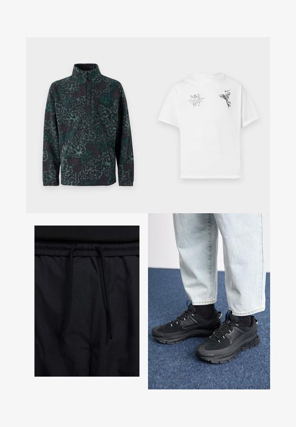 Fleeceový pulovr v černé a tyrkysové barvě s geometrickým vzorem, vyznačující se límcem na čtvrt zip a přední kapsou. Měkká textura.; Bílý bavlněný tričko s černým grafickým potiskem křídlené postavy a textem, s kulatým výstřihem a krátkými rukávy.; Černé šortky s páskem na šňůrku, lehký materiál s hladkou texturou a jednoduchý design bez viditelných log nebo vzorů.; Černé sportovní boty s texturovanou tkaninou a gumovou podrážkou, s elastickými tkaničkami a modrým akcentem na patě. Nosí se s světlými džíny.
