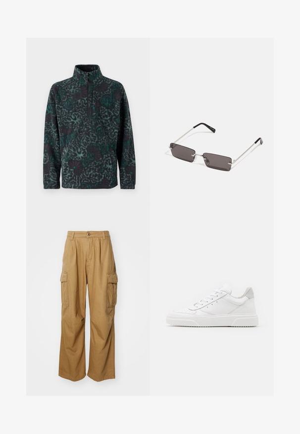 Mustla pullover mustas ja teal värviga geomeetrilise mustriga, millel on kvartiiri tõmblukuga krae ja eesmine tasku. Pehme tekstuur.; Kerged püksid sirge lõikega, millel on kaks külgtaskut ja nupuga sulgemine. Valmistatud pehmest ja vastupidavast kangast.; Valged nahast spordijalatsid siledast nahast viimistlusega, ümarate varvastega, lamekestega ja tekstuuriga tallaga. Hall suede aktsent kanna juures.; Kübarid, millel on ristkülikukujulised, tumedhalli värvi läätsed, hõbedased metallraamid ja mustad plastotsad käeotsades. Kerge disain koos nina padjadega.