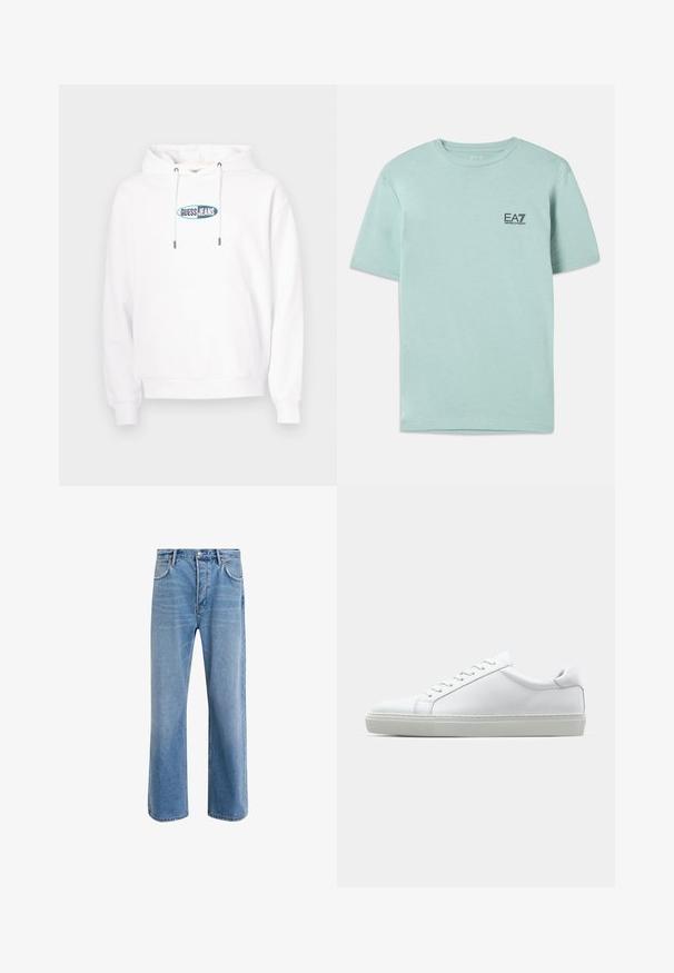 Balts sporta džemperis ar kabatu priekšpusē un zilgani zaļu ovālu "GUESS JEANS" logotipu krūšu centrā, ar kapuci un auklu.; Gaisni piparmētru zaļš T-krekls, kas izgatavots no kokvilnas, ar īsām piedurknēm un apaļu kaklu, uz krūtīm ar mazu melnu EA7 logotipu.; Gai zilas džinsu bikses ar taisnām kājām, piecām kabatām, pogu aizvēršanu, minimālu izbalēšanu un kontrastējošiem šuvju elementiem.; Baltie sporta apavi ar gludu ādas virsu un zemu profilu. Iezīmējas ar noapaļotu purngalu, sešām acīm un teksturētu gumijas zoli.
