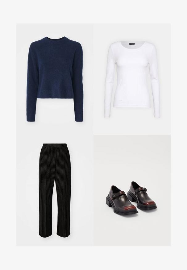 Weekday Džemper - navy; Valge soonikuline pikkade varrukatega pluus ümmarguse kaelusega. Valmistatud venivast kangast, mis kehale siledalt ümber läheb. Omab peeneid horisontaalseid jooni.; Mustad, laiad püksid valgete vertikaalsete triipudega, millel on mugav elastne vöökoht ja sile, pehme tekstuur.; Nahkased blokeeritud kontsaga kingad, millel on läikiv tume burgundi värv, koos pannalalusega ja ümarate sõrmedega disainiga. Struktuurne välistald haarde jaoks.