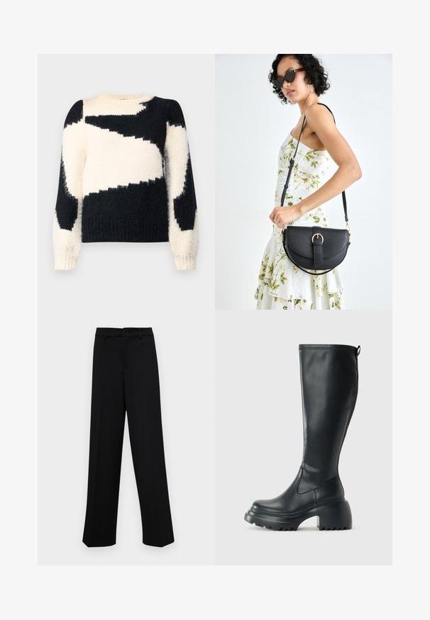 VILA VIKUNNUO O NECK TOP - Strickpullover - birch; Schwarze, weit geschnittene Hosen aus glattem Stoff, mit einem klassischen Taillenbund und einem Knopfverschluss sowie vorderen Falten.; Hoher schwarzer Lederstiefel mit einer robusten Plateausohle und Blockabsatz, der über eine Zuglasche und ein strukturiertes Profil an der Außensohle verfügt.; Schwarze Lederhandtasche mit geschwungener Form, abnehmbarem Tragegurt und goldenen Beschlägen. Die Tasche verfügt über einen Deckel mit einer Schnallen-Details.