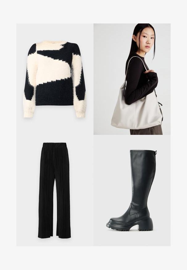 VILA VIKUNNUO O NECK TOP - Džemperis - birch; Juodi plisuoti kelnės su elastine juosta. Turėkite plačias kojas ir glotnų, tekstūrinį audinį su vertikaliais dryžiais.; Ilgas juodos odinės batai su masyvi platforma ir stačiakampiu kulnu, turintys traukimo kilpą ir tekstūruotą pado raštą.; Bežinė rankinė, pagaminta iš minkštos medžiagos, turinti laisvą dizainą, siuvinėtas detalės ir dvi petnešos. Tinkama kasdieniam naudojimui.