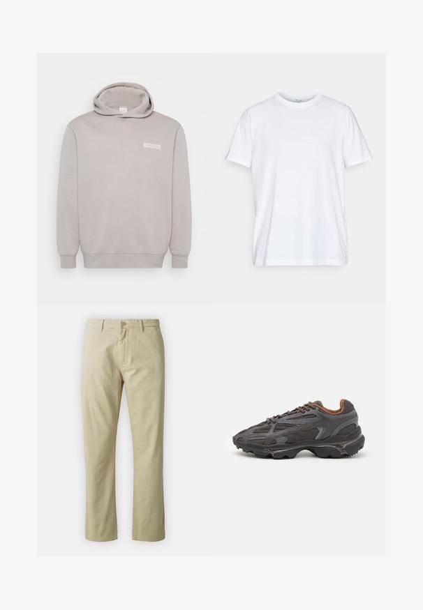 Hellgrauer Hoodie aus weichem Baumwoll-Mischgewebe. Verfügt über eine Fronttasche, gerippte Bündchen und ein kleines Logo auf der Brust. Schlichtes Design.; Weißes Baumwoll-T-Shirt mit kurzen Ärmeln, rundem Halsausschnitt und lockerer Passform. Minimalistisches Design, ohne Muster oder Akzente.; Beige Baumwollhose mit geradem Bein, mit vorderem Knopfverschluss und Gürtelschlaufen. Glatte Textur, keine sichtbaren Muster oder Akzente.; Lacoste Sneaker in Dunkelgrau aus Mesh und Synthetikmaterial, mit einer strukturierten Sohle und braunen Akzenten am Kragen und Logo.