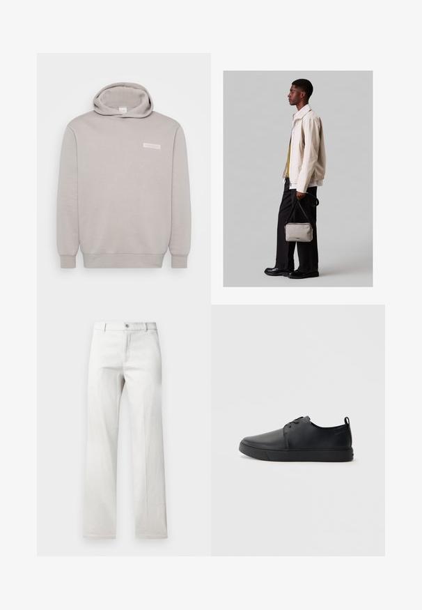 Light gray hoodie made from soft cotton blend fabric. Features a front pocket, ribbed cuffs, and a small logo on the chest. Plain design.; Light gray trousers with a straight-leg design, made from a smooth fabric, featuring a front button closure and side pockets.; Black leather sneaker with a smooth finish, rounded toe, tonal stitching, lace-up front, and a flat rubber sole. Loop at the heel.; Light beige jacket with elastic hem, paired with a green shirt and black trousers. Carrying a small gray crossbody bag. Black shoes.