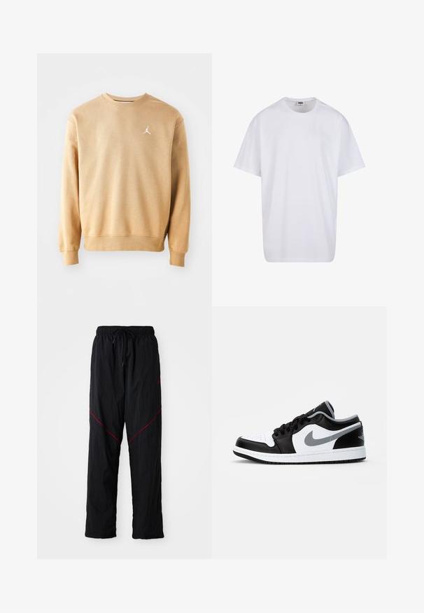 Beige katoenen sweatshirt met ronde hals, lange mouwen, geribde manchetten en een wit Jordan-logo op de bovenste linkerborst. Zachte textuur.; Witte katoenen t-shirt met korte mouwen, ronde hals, relaxte pasvorm en zonder zichtbare logo's of patronen. Gladde textuur en minimalistisch ontwerp.; Zwarte sportbroek met een gestructureerde afwerking, voorzien van een trekkoord in de taille, rode accentlijnen en een losse pasvorm.; Jordan AIR JORDAN 1 LOW - Sneakers laag - black/particle grey-white
