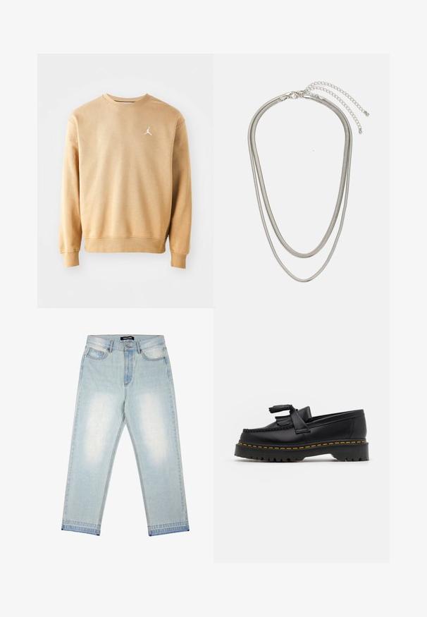 Felpa in cotone beige con colletto rotondo, maniche lunghe, polsini a costine e un logo Jordan bianco sulla parte superiore sinistra del petto. Tessuto morbido.; Pegador BARROW - Jeans loose fit - sand washed blue; Mocassino in pelle nera con un'accento a frange, dotato di una suola nera spessa e cuciture gialle lungo il bordo. Finitura testurizzata.; Collana in metallo argentato a tre strati caratterizzata da catene sottili e flessibili con una leggera lucentezza, fissata con un gancio a molla e una catena regolabile.