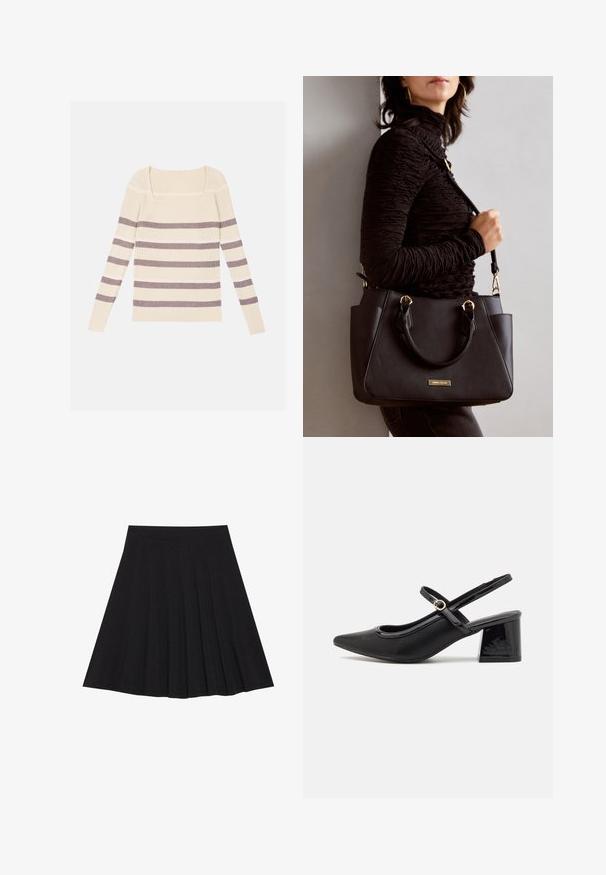 Rippiertes Langarmoberteil in Creme mit grauen und lila horizontalen Streifen, mit einem quadratischen Ausschnitt und tailliertem Schnitt. Weicher Stoff.; Schwarzer, plissierter Rock aus strukturiertem Stoff mit einem taillierten Bund. Fällt knielang und hat eine glatte, klare Silhouette.; Schwarze Lackleder-Slingback-Absätze mit spitzer Zehenform, einem runden Ausschnitt-Design und einem Blockabsatz. Mit einem goldfarbenen Schnallenakzent.; Schwarze Handtasche mit strukturierten Oberflächen, doppelten Obergriffen und verstellbarem Schultergurt. Mit goldfarbener Hardware und Seitentaschen.