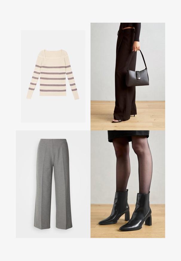 Top a maniche lunghe a coste in crema con righe orizzontali grigie e viola, caratterizzato da un décolleté quadrato e una vestibilità aderente. Tessuto morbido.; Pantaloni grigi a gamba larga e taglio sartoriale con una texture liscia, dotati di una parte anteriore piatta e pieghe ben definite su ciascuna gamba.; Stivaletti neri in pelle con punta affusolata, tacco quadrato imponente e design elegante. Dotati di pannelli laterali elasticizzati per una facile vestibilità.; Borsa nera con forma strutturata, texture liscia e una chiusura metallica. Abbinata a pantaloni neri larghi e sandali open-toe su un pavimento in legno.