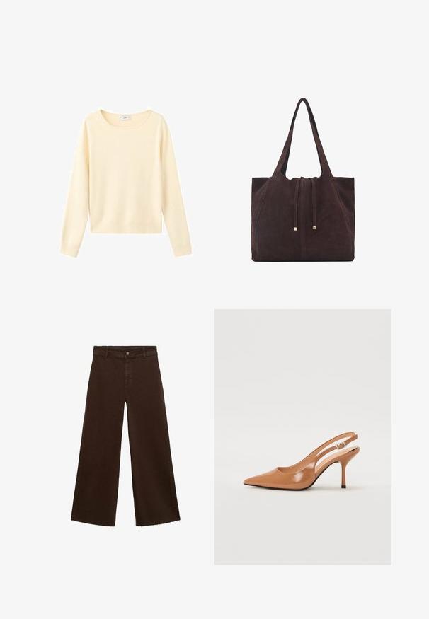 Cream-colored long-sleeve sweater with a round neckline, ribbed hem and cuffs, displayed on a white background.; Brown wide-leg trousers in cotton blend, featuring a frayed hem, front button closure, and classic five-pocket design. Minimalistic and versatile.; Pointed toe slingback heel in a smooth, glossy tan material. Features a curved cutout design and a slender stiletto heel. Silver buckle detail.; Mango Tote bag - dark brown