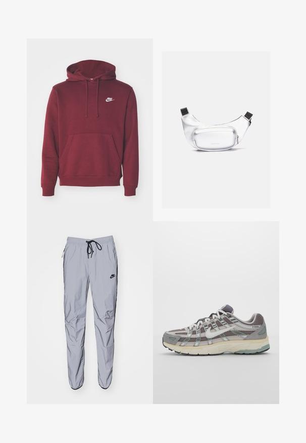 Nike Sportswear SPORTSWEAR CLUB FLEECE - Camisola - burgundy crush/white; Duas camisetas sem mangas em cinza escuro e castanho, feitas de um tecido suave. Cada uma possui um decote alto e um design ajustado com detalhes de costura contrastantes.; Calças de treino cinzentas claras feitas de um tecido leve e suave, com detalhes em preto. Possuem uma cintura elástica com cordão e bolsos laterais.; Sapatilha atlética cinza com parte superior em malha e camurça, detalhes brancos, sola acolchoada e um design distinto com elementos refletivos.; Saco-cintura branco feito de material liso e durável. Apresenta um bolso frontal proeminente e arredondado com fecho zip e correia preta ajustável.