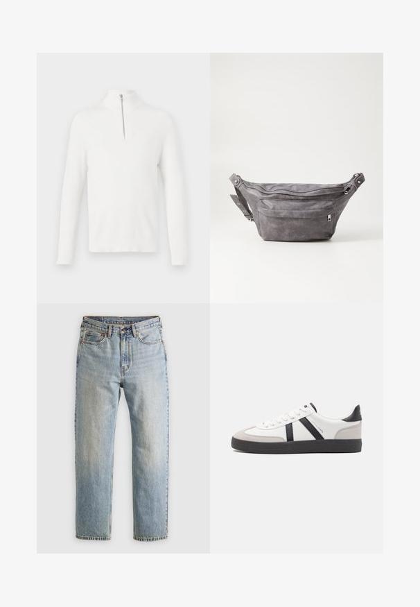 Pullover bianco a coste con maniche lunghe e collo alto. Dotato di una dettagli zip anteriore argentata. Texture morbida e forma aderente.; Jeans in denim azzurro chiaro con vita alta, bottone anteriore, cerniera e design a cinque tasche, adagiati su uno sfondo neutro.; Sneaker bianco con accenti neri e grigi, dotata di una punta grigia testurizzata, suola in gomma nera e lacci bianchi piatti. Design pulito, stile minimalista.; Fanny pack in suede grigio con forma arrotondata, due scomparti con cerniera e tracolla regolabile. Presenta dettagli in metallo.