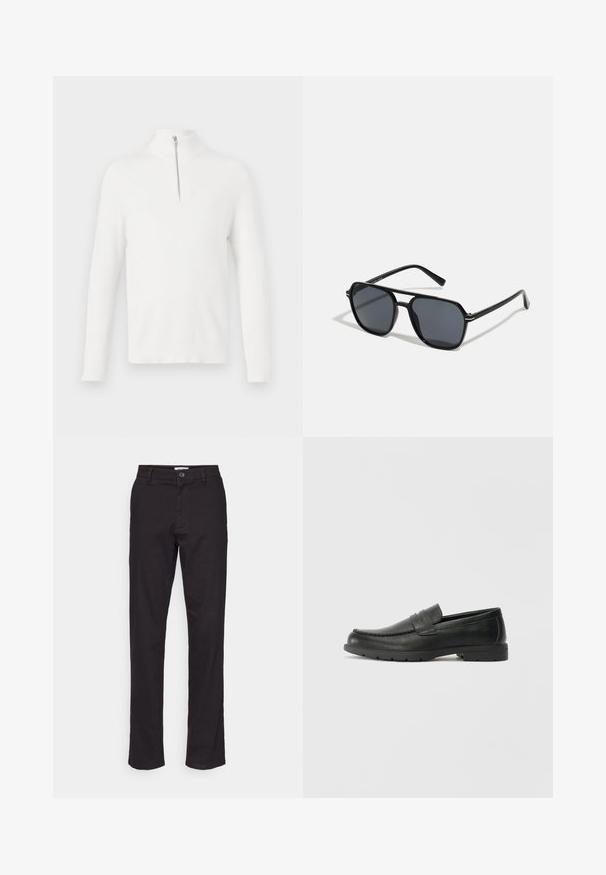 Pull à col montant en tricot blanc à côtes, avec des manches longues. Présente un détail zippé argenté à l'avant. Texture douce et coupe ajustée.; Pantalon noir en coton avec une coupe droite, présentant une fermeture à bouton à l'avant et des poches latérales. Texture lisse et détails minimalistes.; Mocassins en cuir noir avec une finition lisse, tige de style moccasin, détails cousus et semelle en caoutchouc. Design classique avec un talon bas.; Lunettes de soleil noires avec monture octogonale, verres foncés, finition brillante, branches fines et accents dorés sur l'avant.; Collier en perles blanches avec une forme ronde uniforme, surface lisse et fermoir en métal avec une chaîne d'extension pour une longueur ajustable.