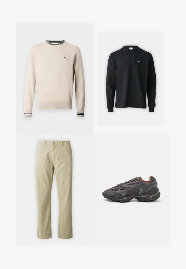Bežna pulover iz pletene tkanine, z okroglo ovratnico, rebrastimi manšetami z črnimi in zelenimi črtami ter majhnim logotipom na prsih.; Črna dolgi rokavi majica iz bombaža, z okroglim ovratnikom in majhnim zelenim vezenim logotipom krokodila na levem prsnem delu.; Bež bombažne hlače s ravnim krojem, sprednjim gumbom in zankami za pas. Gladka tekstura, brez vidnih vzorcev ali akcentov.; Lacoste teniske v temno sivi barvi z mrežasto in sintetično prevleko, s teksturiranim podplatom in rjavimi detajli na ovratniku ter blagovni znamki.