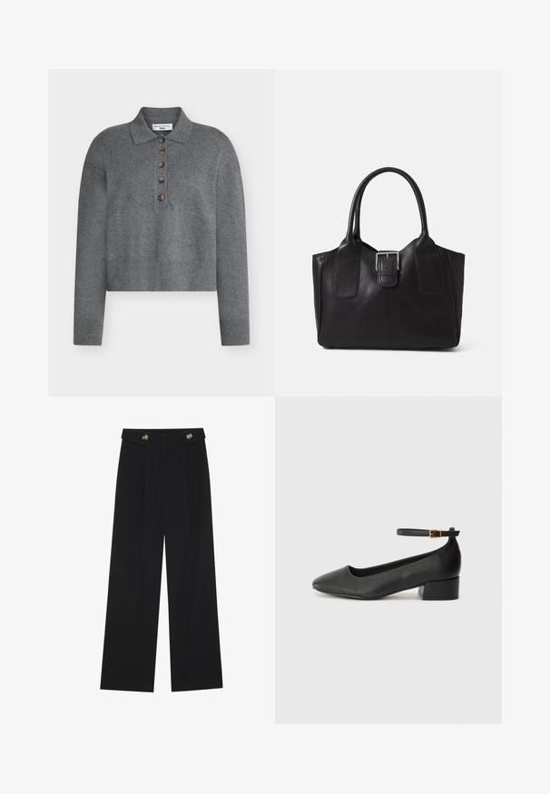 Grijs cropped truitje met een polo-kraag, voorzien van vijf bruine knopen en geribbelde manchetten en zoom. Gemaakt van een zacht, gestructureerd materiaal.; Zwarte wijde broek met hoge taille, knoopdetails op de tailleband en plooien aan de voorkant.; Zwarte leren pump met een spitse neus en een lage blokhak. Beschikt over een enkelband met een goudkleurige gespsluiting. Gladde textuur.; Zwarte leren tote bag met een gladde textuur, gestructureerde vorm, twee handvatten en een opvallend zilveren sluitingdetail aan de voorkant.