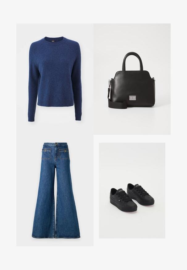 Marineblauwe trui van zacht, textuurmateriaal. Heeft een ronde hals, lange mouwen en een geribbelde zoom. Eenvoudig en klassiek ontwerp.; Wijde denim jeans in donkerblauw, met een hoge taille, twee achterzakken met gouden hardware en een raw hem aan de benen.; Zwarte low-top sneakers van glad materiaal, met dikke veters, een gestructureerde zool en een klein logo aan de zijkant en op de tong.; Zwarte synthetische handtas met bovenhandvatten, afneembare schouderriem, ronde vorm, gladde textuur en zilveren logo-accent aan de voorkant.