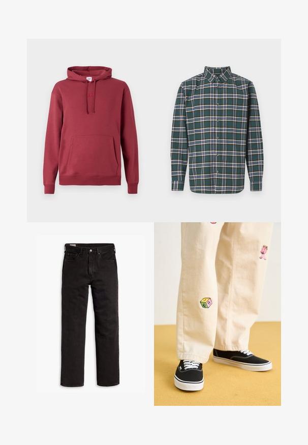 Crvena dukserica s kapuljačom i prednjim kengur torbama, kapuljača s mogućnošću podešavanja, rebrasti rukavi i donji rub, te suptilni izvezeni logo na prsima.; Zeleni flanel košulja s kariranim uzorkom koji sadrži plave, bijele i senf žute linije. Prednji dio s dugmadima i oštrim kragnom. Duge rukave.; Crne traperice ravnog kroja s pet džepova, kopčom na dugme i petljama za pojas, položene ravno na bijeloj pozadini.; Bež pamuk hlače s razigranim izvezenim dizajnima, uključujući ružičasti lik i obojene blokove, uparene s crnim vezicama za cipele.