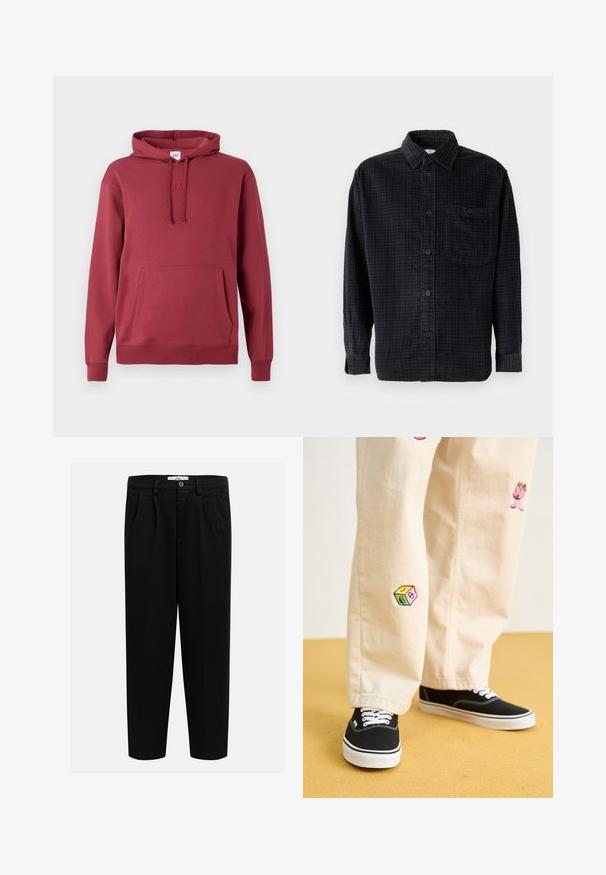 Sarkans kapuci džemperis ar priekšējo kangaroo kabatu, auklām regulējamu kapuci, ribotām piedurknēm un apakšmalu, kā arī nelielu izšūtu logotipu uz krūtīm.; Melnas raibās krekliņas ar garām piedurknēm, kas izgatavots no mīkstas auduma, ar pogājamu priekšpusi, apkakli un krūšu kabatu.; Melni bikses, izgatavotas no mīksta auduma, ar taisnu kāju dizainu, priekšējām krokām un pogu aizdares jostasvietā.; Beige kokvilnas bikses ar rotaļīgiem izšūtiem dizainiem, tostarp rozā raksturs un krāsains bloks, saskaņotas ar melniem kurpēm ar auklām.