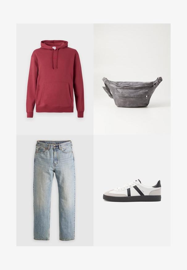 Hanorac roșu cu buzunar frontal tip kangaroo, capac cu șnur, manșete și tiv ribbate, și un logo brodat subtil pe piept.; Jeans din denim de culoare albastru deschis, cu talie înaltă, nasture frontal, fermoar și design cu cinci buzunare, așezate platesc pe un fundal neutru.; Sneaker alb cu accente negre și gri, având un capac de vârf gri texturat, talpă din cauciuc negru și șireturi plate albe. Design elegant, stil minimalist.; Borseta gri din suede, cu o formă rotunjită, două compartimente cu fermoar și curea ajustabilă. Are accente din metal.