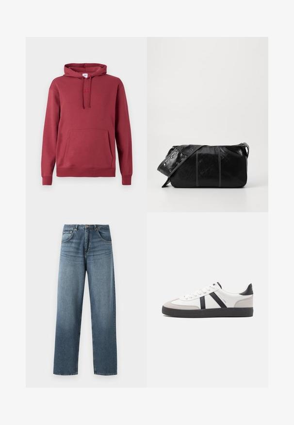 Piros kapucnis pulóver elülső kenguruzsebbel, húzózsinórral, bordázott mandzsettákkal és hemnél, valamint diszkrét hímzett logóval a mellrészen.; Egyenes szárú kék denim farmernadrág, kopott mosással, öt zsebes kivitelezéssel, fém gombbal és övhurkokkal. Közepes súlyú, strukturált anyag.; Fehér sneaker fekete és szürke részletekkel, textúrált szürke orr résszel, fekete gumitalppal és lapos fehér fűzőkkel. Tiszta dizájn, minimalista stílus.; Fekete bőr válltáska, cipzárral zárva, texturált felülettel, fehér varrással és ezüst fémgyűrűs pánttal.