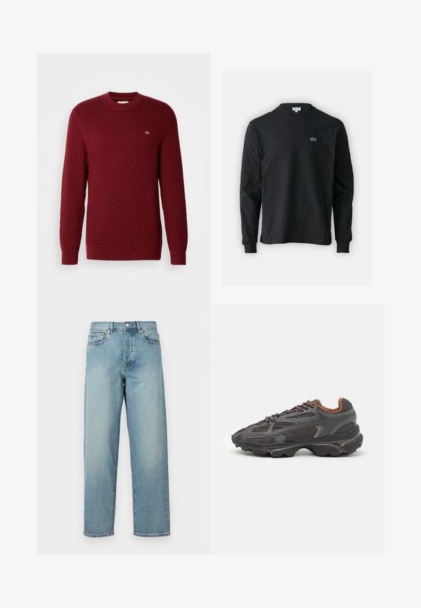 Burgundi kötött pulóver gyémántmintával, kerek nyakkivágással, hosszú ujjakkal és bordás mandzsettával. Kis logó részlet elöl. Puha tapintás.; Fekete hosszú ujjú pamut póló, kerek nyakkivágással, bal mellen egy kis zöld hímzett krokodil logóval.; Világoskék farmernadrág laza szabással, egyenes lábakkal, öt zsebes dizájnnal és gombos derékkal. Minimalista varrási részletek.; Sötét szürke Lacoste sportcipők hálós és szintetikus anyagból, textúrázott talppal és barna díszítésekkel a nyak részen és a logón.