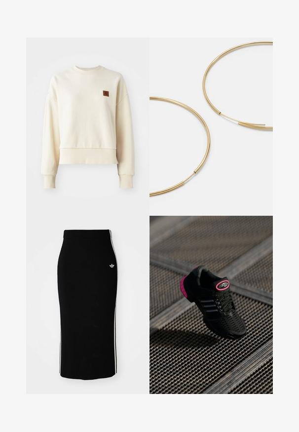 Helles Cream-Sweatshirt mit gerippten Bündchen und Saum. Auf der linken Vorderbrust befindet sich ein quadratisches braunes Markenpatch. Weiches Material, lockere Passform.; Schwarzer, gerippter Midikleid mit einem taillierten Design, das weiße Seitenstreifen und ein kleines weißes Emblem auf der linken Seite aufweist.; Schwarzer Sportschuh mit Netzobermaterial, pinken Akzenten und schwarzen gestreiften Details. Verfügt über eine strukturierte Außensohle und ein Logo-Label an der Ferse.; Goldfarbene Ohrringe in Form von dünnen, runden Kreolen, mit einer glatten, metallischen Oberfläche und ohne Verzierungen oder Muster.