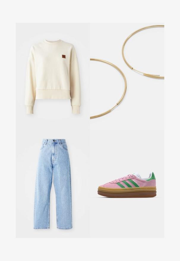 Light cream sweatshirt with ribbed cuff and hem. Features a square brown brand patch on the front left chest area. Soft material, relaxed fit.; High-waisted light blue denim jeans with straight wide legs, front button, zipper closure, and front and back pockets.; Pink suede sneakers with green stripes, white accents, and a brown rubber sole. Features textured fabric and logo detailing on the side.; Gold-colored hoop earrings, thin and round in shape, with a smooth metallic finish and no embellishments or patterns.