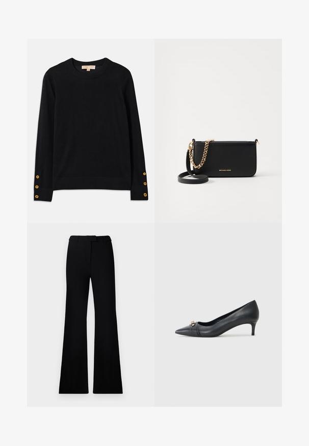 Black sweater made of soft fabric, featuring a round neckline and long sleeves. Notable gold button accents on the cuffs. Simple design.; Black flared pants featuring a smooth texture, tailored waistband, and front pockets, designed with a sleek, modern silhouette.; Pointed-toe black leather pump with a low heel, featuring a textured strap and metallic accent at the front. Smooth surface and sleek design.; Black leather clutch with a gold chain accent, smooth texture, and gold logo detailing. Includes an adjustable strap for versatility.; Gold hoop earrings with a polished finish, featuring a thick, circular design and a secure closure mechanism. Smooth texture and shiny appearance.