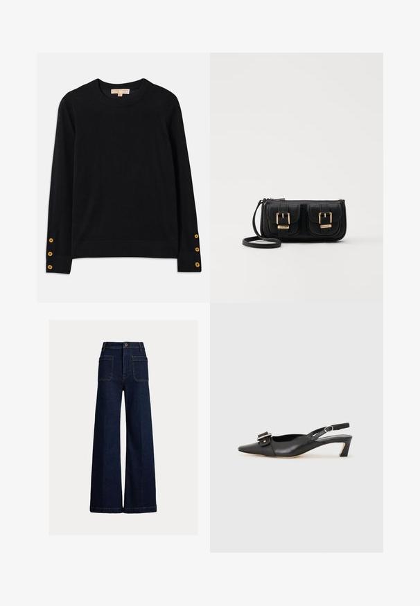 Pullover nero realizzato in morbido tessuto, con scollo rotondo e maniche lunghe. Dettagli con bottoni dorati sui polsini. Design semplice.; Jeans a gamba larga in denim blu scuro, con vita alta, due tasche frontali e due tasche posteriori con chiusura a bottone.; Scarpa slingback in pelle nera con punta affusolata, tacco basso e dettaglio decorativo a fibbia sulla parte superiore. Texture liscia, design minimalista.; Borsa a tracolla nera in pelle con due tasche frontali, fibbie dorate, chiusura con zip e una tracolla sottile. Superficie texturizzata e forma rettangolare compatta.