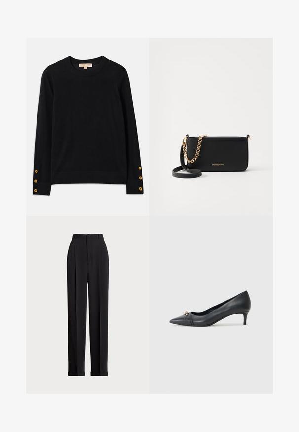 Pull noir en tissu doux, avec un décolleté rond et des manches longues. Boutons en or remarquables aux poignets. Design simple.; Pantalons noirs ajustés à taille haute, dotés de plis à l'avant, d'une coupe droite et d'un ourlet à revers. Fabriqués en tissu lisse.; Escarpin noir en cuir à bout pointu avec un petit talon, doté d'une sangle texturée et d'un accent métallique à l'avant. Surface lisse et design épuré.; Pochette en cuir noir avec un accent en chaîne dorée, texture lisse et détails en logo doré. Inclut une bandoulière ajustable pour plus de polyvalence.; Boucles d'oreilles en or avec une finition polie, présentant un design circulaire épais et un mécanisme de fermeture sécurisé. Texture lisse et apparence brillante.
