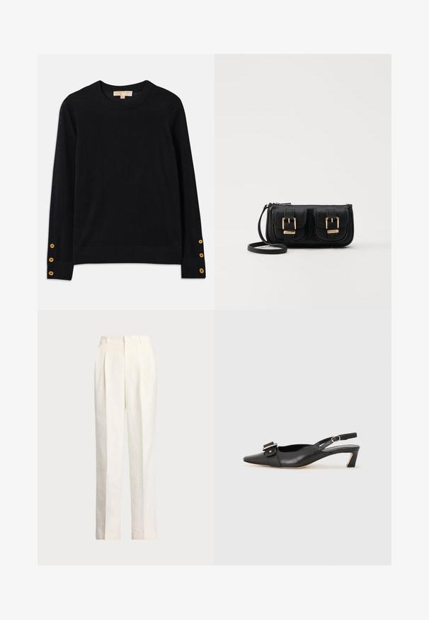 Zwart vest van zacht materiaal, met een ronde halslijn en lange mouwen. Opvallende gouden knoopaccenten op de manchetten. Eenvoudig ontwerp.; Polo Ralph Lauren HEMP WIDE LEG PANT - Broek - nevis; Zwarte leren slingback schoen met scherpe neus, kleine hak en decoratieve gespdetails op de bovenkant. Stijlvolle textuur, minimalistisch ontwerp.; Zwarte leren schoudertas met twee vo pockets, gouden gespen, ritsluiting en een smalle band. Tekstuur oppervlak en compacte rechthoekige vorm.