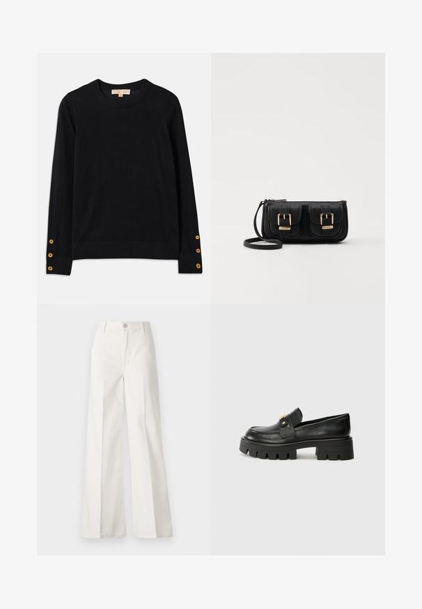 Černý svetr vyrobený z měkké tkaniny, s kulatým výstřihem a dlouhými rukávy. Výrazné zlaté knoflíkové detaily na manžetách. Jednoduchý design.; Bílé volné kalhoty vyrobené z bavlny s hladkou texturou. Obsahují přední knoflík, zip a design se čtyřmi kapsami.; Černé kožené mokasíny s robustní podešví, které mají zlatý akcent na přední části a hladký povrch. Robustní vzor protiskluzu na podešvi.; Černá kožená crossbody taška se dvěma předními kapsami, zlatými přezkami, zipovým uzávěrem a štíhlým popruhem. Texturovaný povrch a kompaktní obdélníkový tvar.