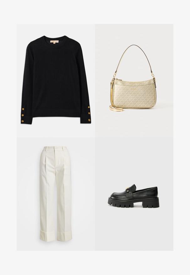 Svart genser laget av myk stoff, med rund hals og lange ermer. Merket med gylne knappeaksenter på mansjettene. Enkelt design.; Hvite skreddersydde bukser med høy midje, doble frontfold, og vide ben med brettede mansjetter. Laget av et glatt, teksturert stoff.; Sorte skinnloafers med en kraftig såle, med en gulltoneakcent foran og en jevn finish. Kraftig mønsterdesign på sålen.; Gullteksturerte håndvesker med en glatt lærstropp, med glidelås og subtilt logo-mønster trykket på overflaten.