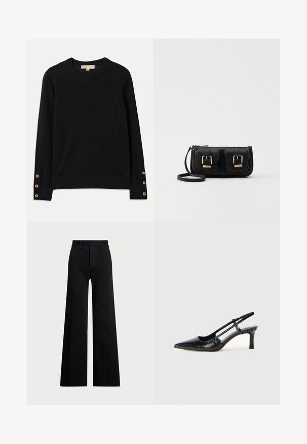 Crna pulover od mekanog materijala, s okruglim izrezom i dugim rukavima. Značajni zlatni dugmići na manžetama. Jednostavan dizajn.; Crne hlače širokih nogavica izrađene od tkanine, s visokim strukom, prednjim kopčanjem na dugme i bočnim džepovima. Glatka tekstura s čistim linijama.; Crne lakirane slingback pete s oštrim vrhom, s teksturiranim uzorkom zmijske kože, podesivom remenom i kratkom, teksturiranom blok-petom.; Crna kožna torba preko ramena s dva prednja džepa, zlatnim kopčama, zatvaranjem na zip i uskim remenom. Teksturirana površina i kompaktan pravokutan oblik.