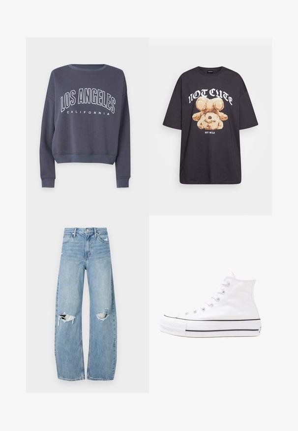 Marineblå kort sweatshirt med hvit "LOS ANGELES" tekst og "CALIFORNIA" under. Har ribbestrikket halslinning og mansjetter, laget av mykt stoff.; Svart oversized t-skjorte med en grafikk av en bjørn og teksten "IKKE SØT, MEN VILL" i fet, hvit skrift. Laget av bomull.; Lyseblå høytlivsjeans laget av denim. Har vide bein, to revne knær og klassisk fem-lommers design.; Hvit høy-skinn kanvas sneakers med svart gummisåle, gummitåhette foran og seks hull for snorer, med et rent, minimalistisk design.